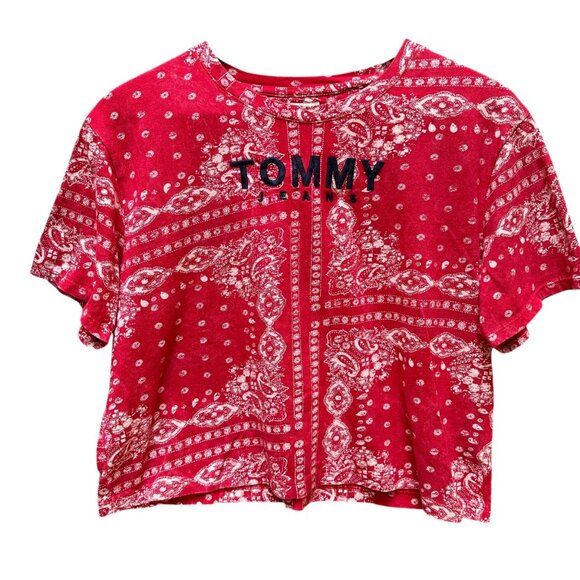 Tommy Hilfiger Jeans Red Bandana Print Crop Top 90's Y2K Embroidered Logo Size S - Picture 1 of 6
